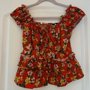 Marissa Webb Red Floral Ruffle Blouse